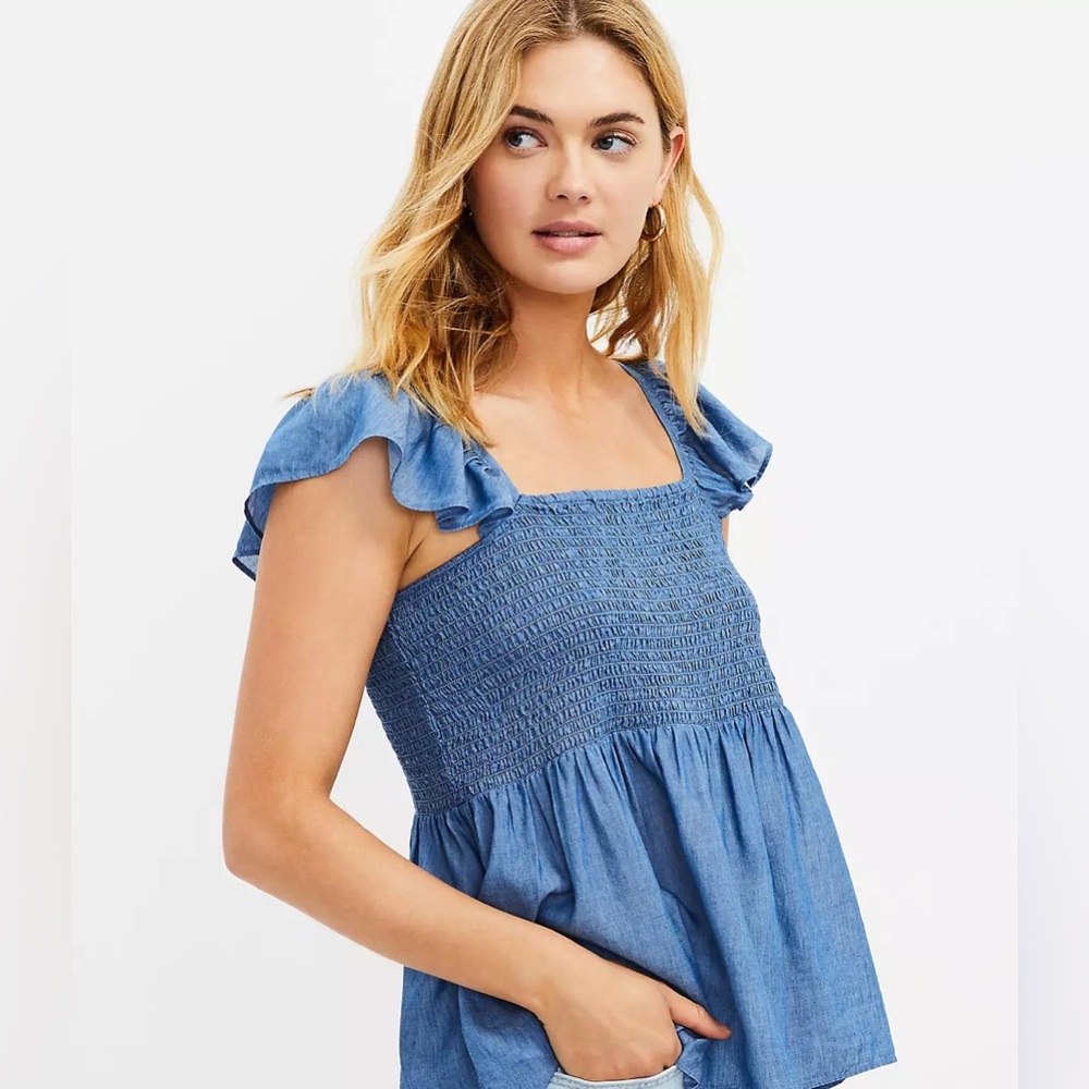 LOFT Denim Blue Smocked Top